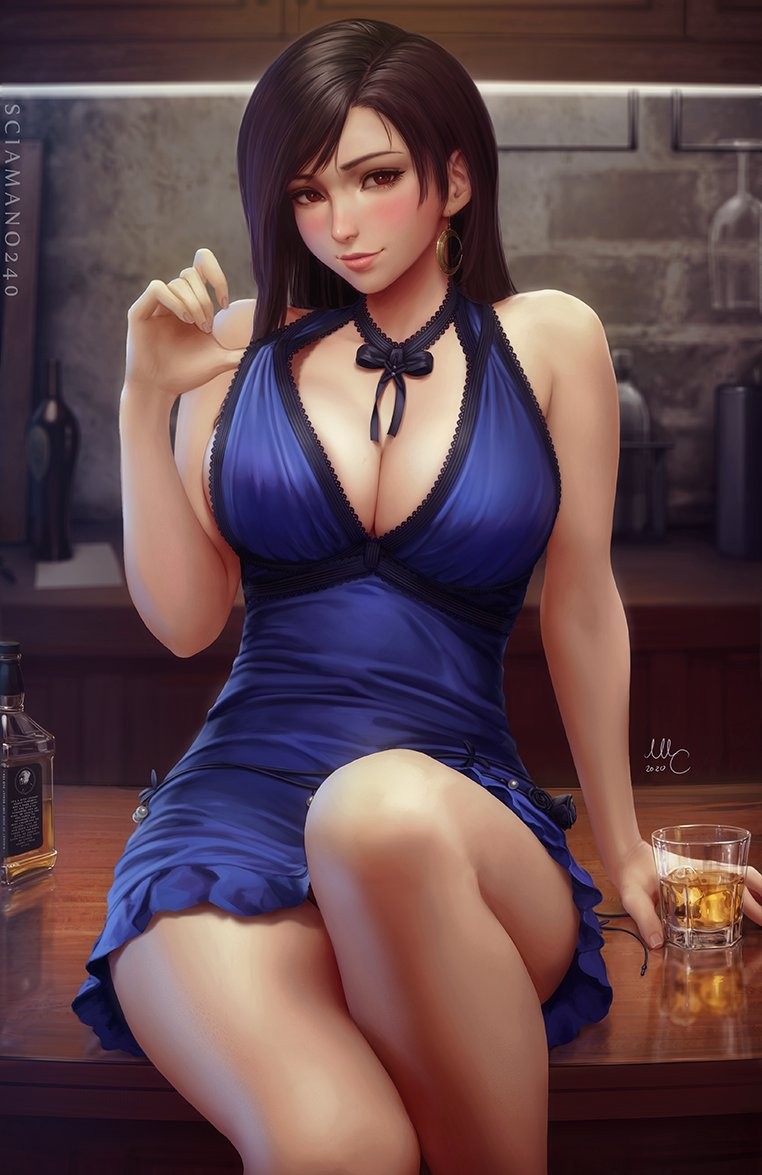 Tifa in a blue sundress.